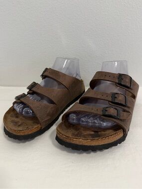 Birkis Florida slide sandals triple strap brown adjustable buckle size 7